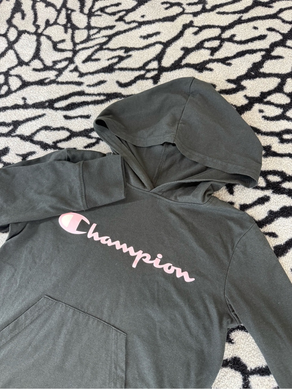 Champion Kids Hooded Pullover in Olive with Pink Logo